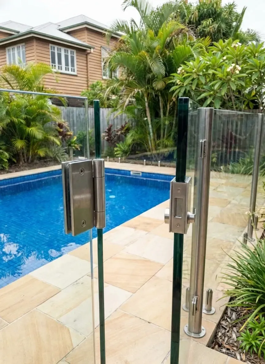 frameless glass pool gate with self closing hydraulic hinge in Brisbane